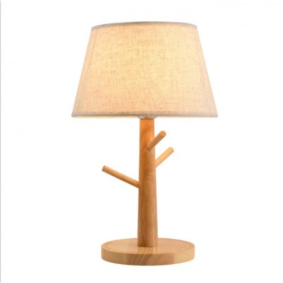 Nordic tree shape wooden base linen fabric lampshade table lamp