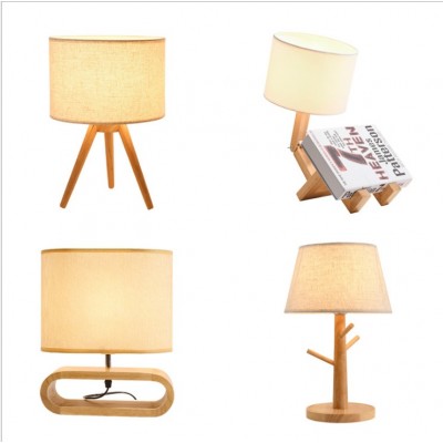 Nordic wooden base linen fabric lampshade table lamp